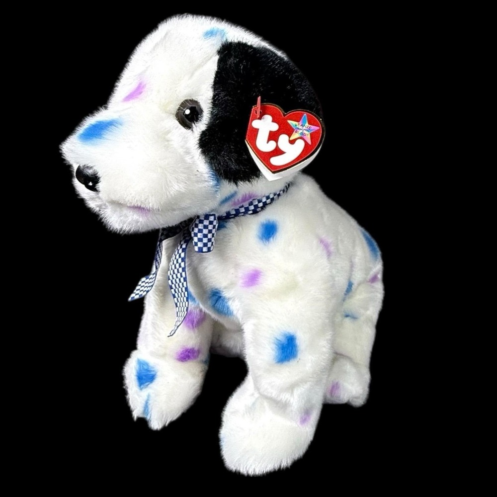 Ty Beanie Buddies Dizzy Dalmatian Plush Dog Purple Blue Spots 12" 2001‎ Vintage